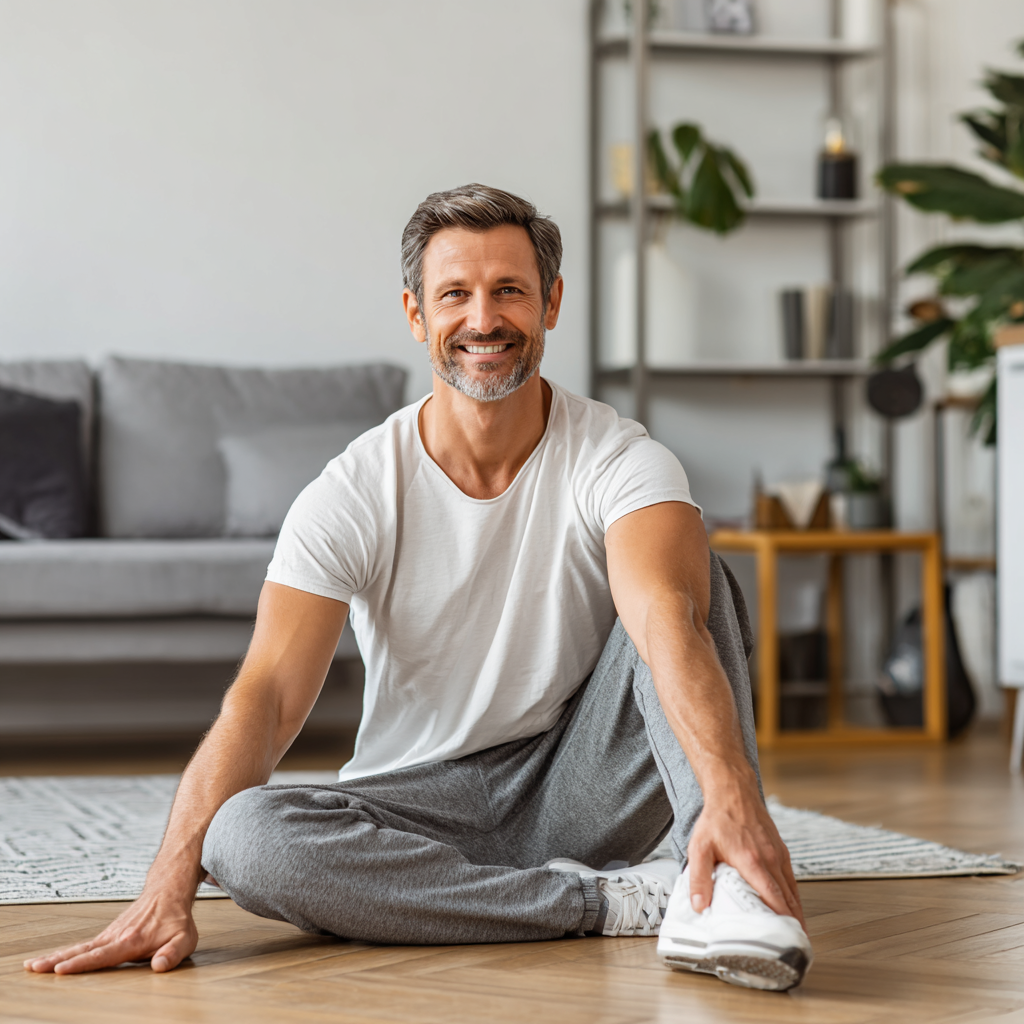 Європейський чоловік середнього віку демонструє правильну поставу та рухи суглобів, усміхаючись під час фізичних вправ
