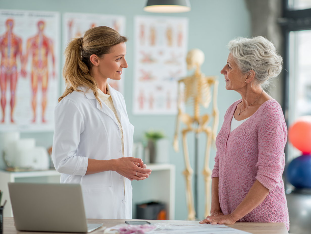 Професійна європейська жінка середнього віку в білому халаті, усміхається та демонструє вправи для суглобів у сучасному медичному кабінеті