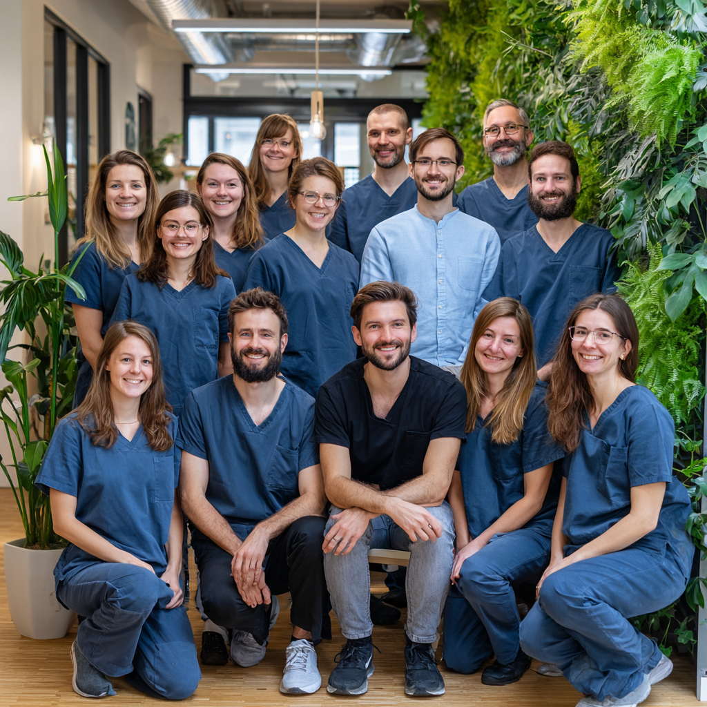 Професійна команда європейських спеціалістів з фізичної терапії та відновлення суглобів, усміхаються в сучасному медичному центрі